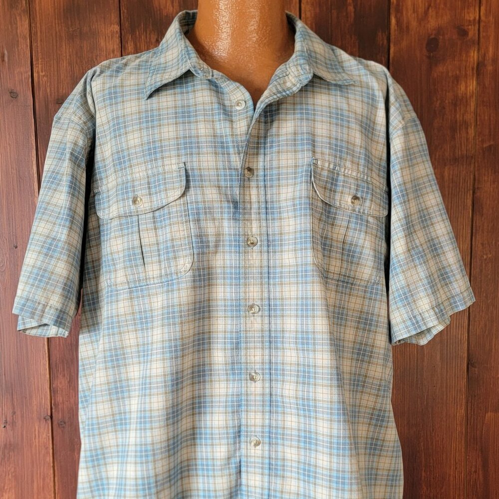 Cabela's‎ Men XL Blue Gray Plaid Button Up Shirt Soft Work Chore Outdoors Pocket